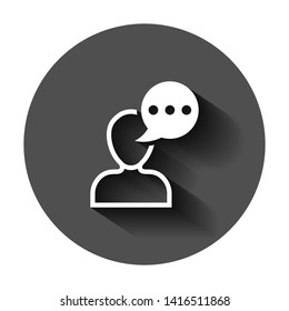 Man head mind thinking icon in flat style. Speech bubble with people vector illustration on black round background with long shadow. Contemplating dialog business concept.