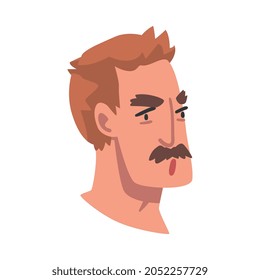 Man Head with Mustache with Frowning Facial Expression Side View Vector Illustration