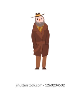 Man with head of owl, bird character wearing retro clothes vector Illustration on a white background