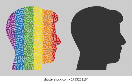 Man head profile collage icon of circle spots in different sizes and spectrum colored shades. A dotted LGBT-colored Man head profile for lesbians, gays, bisexuals, and transgenders.
