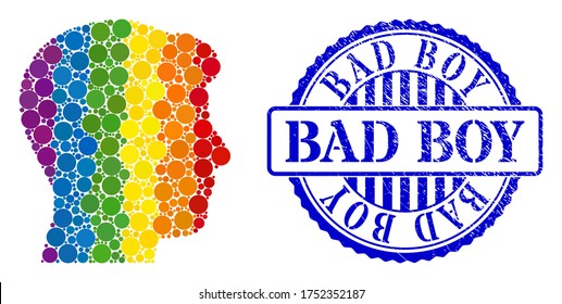 Icono de composición del perfil de la cabeza del hombre de puntos esféricos en tamaños variables y tonos de color de espectro. Sello azul redondeado de sellado de socorro con leyenda Bad Boy.
