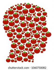 Man Head Profile composition of tomatoes in various sizes. Vector tomato vegetable elements are combined into man head profile illustration. Vegan vector design concept.