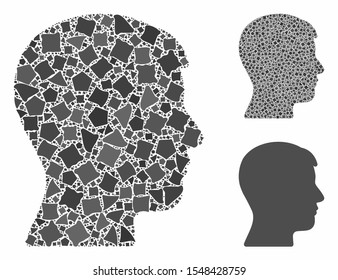 Man head profile composition of tremulant parts in various sizes and shades, based on man head profile icon. Vector tremulant parts are combined into composition.