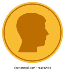 Man Head Profile golden coin icon. Vector style is a gold yellow flat coin symbol.