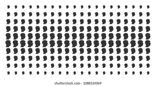 Man head profile icon halftone pattern, designed for backgrounds, covers, templates and abstraction concepts. Vector man head profile shapes arranged into halftone array.