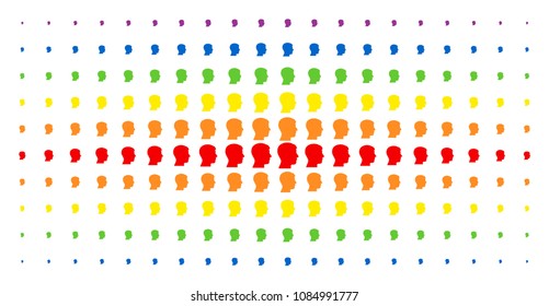 Man head profile icon spectral halftone pattern. Vector man head profile symbols are organized into halftone array with vertical rainbow colors gradient. Constructed for backgrounds, covers,