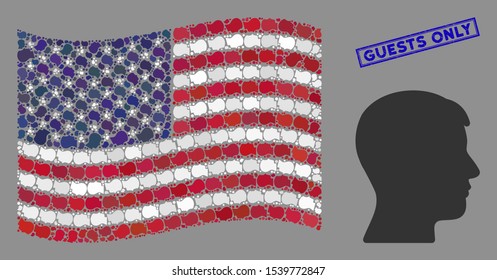 Man head profile items are grouped into USA flag stylization with blue rectangle corroded stamp seal of Guests Only text.