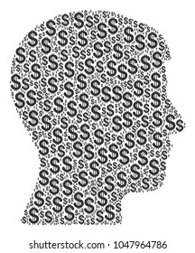 Man Head Profile mosaic of dollars. Vector dollar currency pictograms are combined into man head profile collage.
