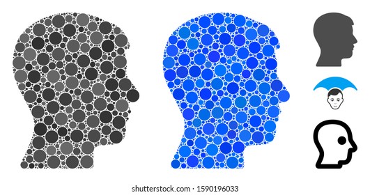 Man head profile mosaic of filled circles in various sizes and color tints, based on man head profile icon. Vector round dots are united into blue mosaic.