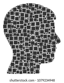Man Head Profile mosaic icon of square figures and spheric dots in variable sizes. Vector items are united into man head profile illustration design concept.