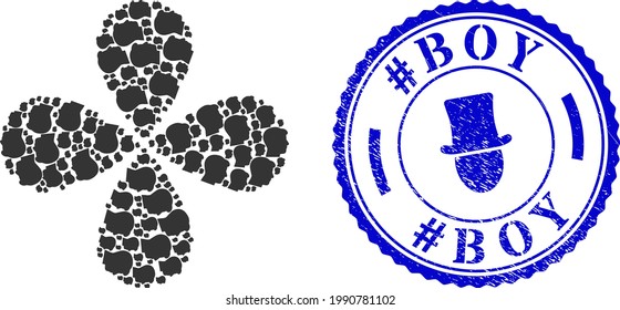 Flor de rotación del perfil de la cabeza del hombre con cuatro pétalos, y etiqueta redonda azul con sello BOY grunge con icono dentro. Balancín de elementos diseñado a partir de símbolos de perfil de cabeza de hombre orientados.