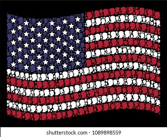 Man head profile symbols are arranged into waving United States flag stylization on a dark background. Vector composition of America state flag is composed of man head profile items.