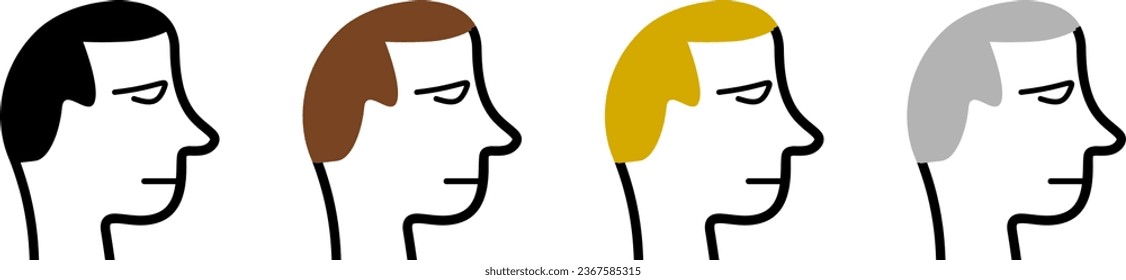 Man Head Profile with Various Hair Colors including Black Brown Blond Grey Icon Set. Vector Image.