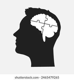 Man head with puzzle brain divided into 4 parts, pieces. Template infographic, diagram, process. Four jigsaw puzzles for mind, strategy, education. Silhouette male face. Think, thought, psychology