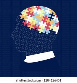 Man head  with puzzles. Expert system web design. Concept. Dark background