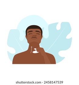 Man with head raised and eyes closed massaging neck using gua sha vector illustration