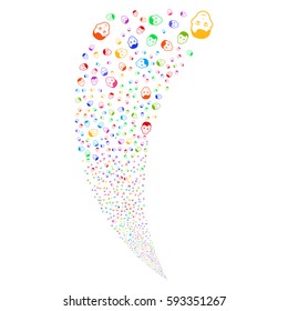 Man Head random fireworks stream. Vector illustration style is flat bright multicolored iconic symbols on a white background. Object fountain constructed from scattered symbols.
