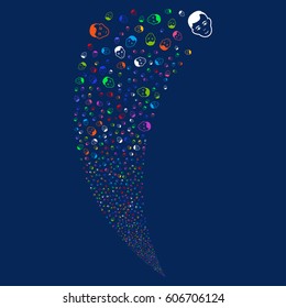 Man Head random fireworks stream. Vector illustration style is flat bright multicolored iconic symbols on a blue background. Object fountain done from scattered pictograms.