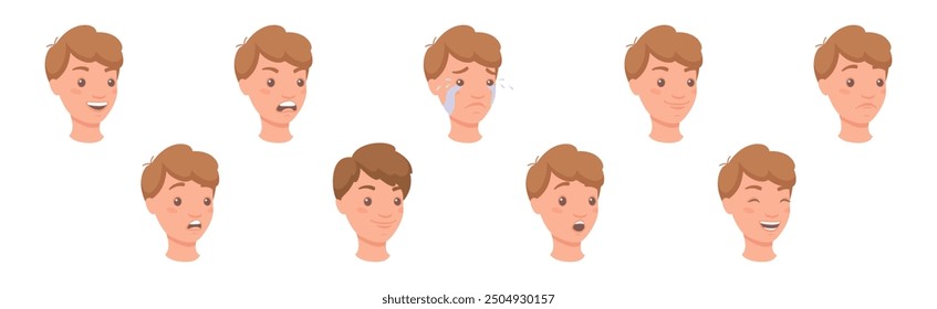 Man Head Showing Face Expression and Emotion Front Vector Set