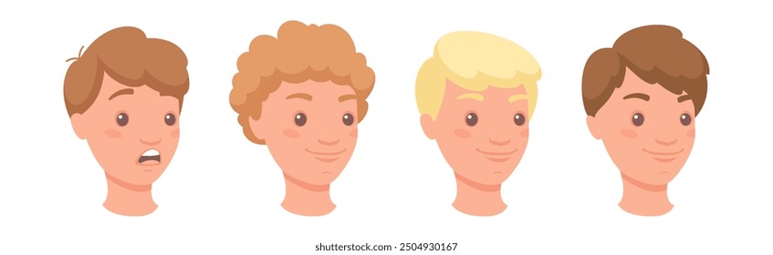 Man Head Showing Face Expression and Emotion Front Vector Set