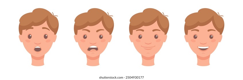 Man Head Showing Face Expression and Emotion Front Vector Set