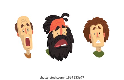 Man Head Showing Facial Expression with Raised Eyebrows and Open Mouth Vector Set