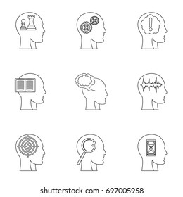 Man head with sign icons set. Outline set of 9 man head with sign vector icons for web isolated on white background