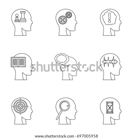 Man head with sign icons set. Outline set of 9 man head with sign vector icons for web isolated on white background