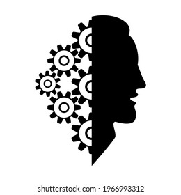 A man head silhouette with gears inside. Vector clipart and drawing. Black and white isolated illustration.