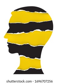 

Man Head silhouette with torn paper.
Illustration of male head with ripped paper, under construction colors. Psychology concept. Place for your text.Vector available.