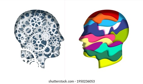 Man head silhouettes with gears, cogwheels and abstract vibrant shapes, vector illustration in paper art style. Thinking brain. Creative and logical mind. Brainstorm, brain power, creativity.