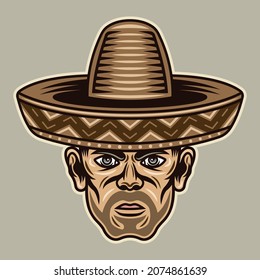 Man head in sombrero hat with bristle. Vector character illustration in colored cartoon style on light background