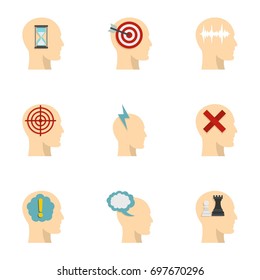 Man head with thoughts icons set. Flat set of 9 parts vector icons for web isolated on white background