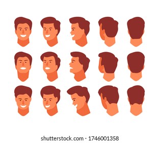 Man head view from different angles. Face front, side, top, bottom, back. Animation and rotation vector template