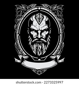 man head viking with beard logo black and white hand drawn illustration