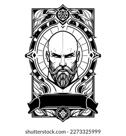 man head viking with beard logo black and white hand drawn illustration