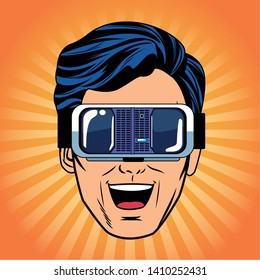 man head with virtual reality headset face avatar cartoon character pop art background vector illustration graphic design
