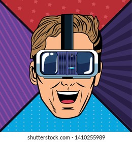 man head with virtual reality headset face avatar cartoon character pop art background vector illustration graphic design