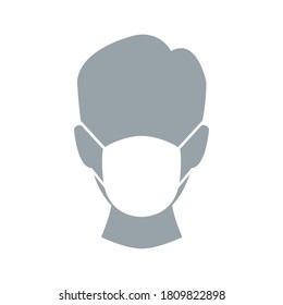 Man head wearing face mask icon. Protection medical wear from virus, air pollution, flu, dust illustration isolated on white.