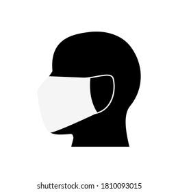 La cabeza de un hombre con un icono de máscara facial. Protección del desgaste médico del virus, la contaminación del aire, la gripe, la ilustración del polvo aislada en blanco.