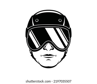 Man head wearing glasses with helmet protection for race sign symbol icon logo vector