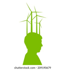 Man head with wind generator green energy, ecology concept background 