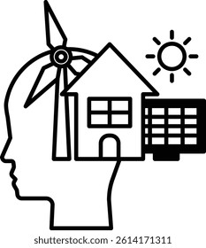 A man head with a wind turbine on top and a house below