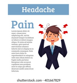 A man with a headache, compassion fatigue, a person with a disease of the head, an office worker holding his head with his hands and feels anguish. Demonstration of health problems and head