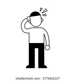 Man with a headache, guy holding hands to his head. Minimal black and white outline icon. Flat vector illustration. Isolated on white background.