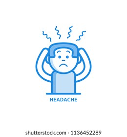Man with headache holding his head with hands because of pain isolated on white background - sick male character with symptom of disease or stress in outline vector illustration.