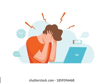 Man with headache, migraine, holding her head cartoon vector illustration. Stressed unhappy upset tired guy in office suffering of pain, headache or frustration.