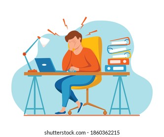 Man with headache, migraine, holding her head cartoon vector illustration. Stressed unhappy upset tired guy in office suffering of pain, headache or frustration.