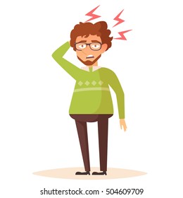 Man with a headache. Vector illustration. Cartoon character. Isolated. Flat