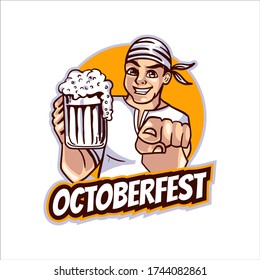 A man with headband and muscular body holding a beer glass for the octoberfest